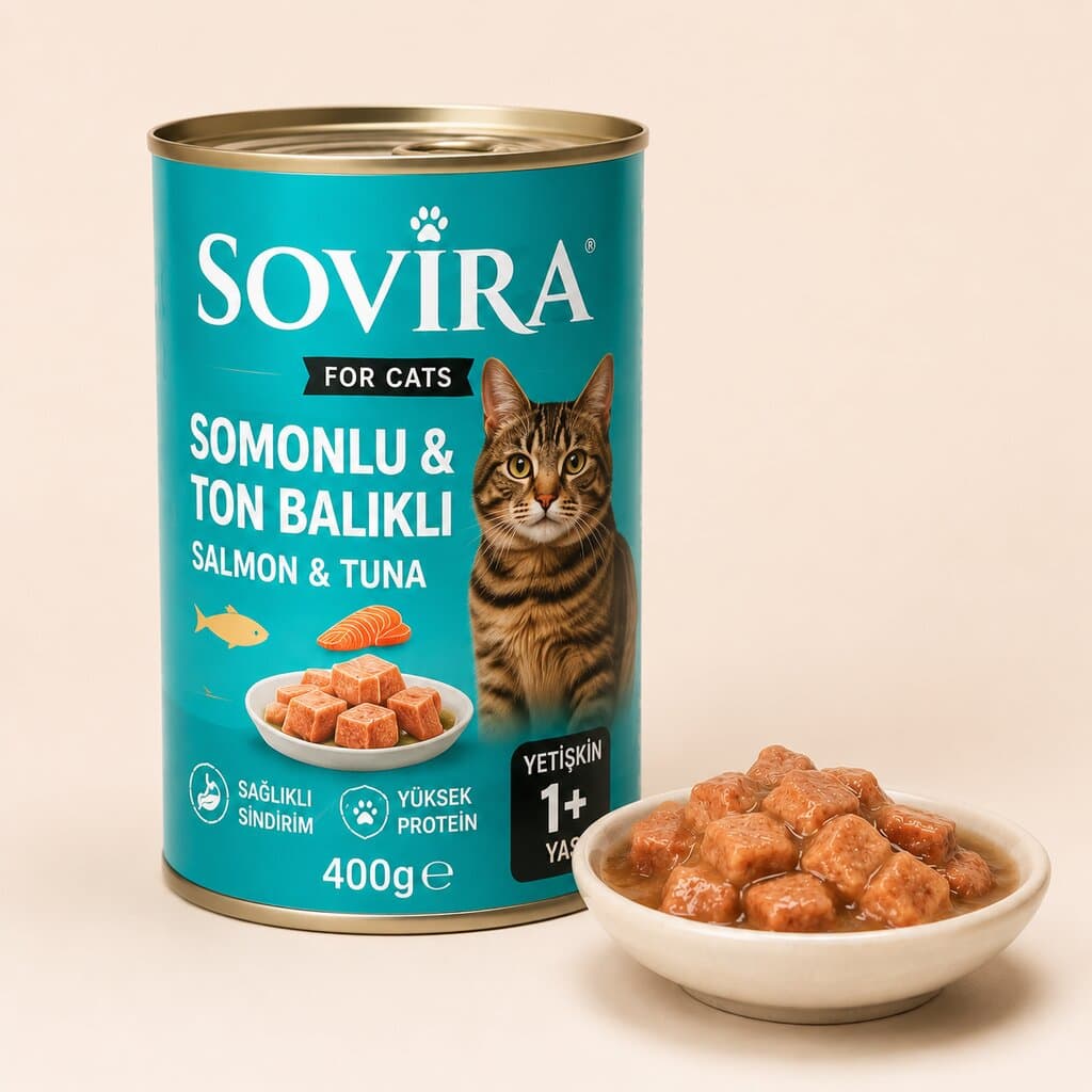 Sovira Yetişkin Kedi Konservesi – Somonlu & Ton Balıklı (400g)