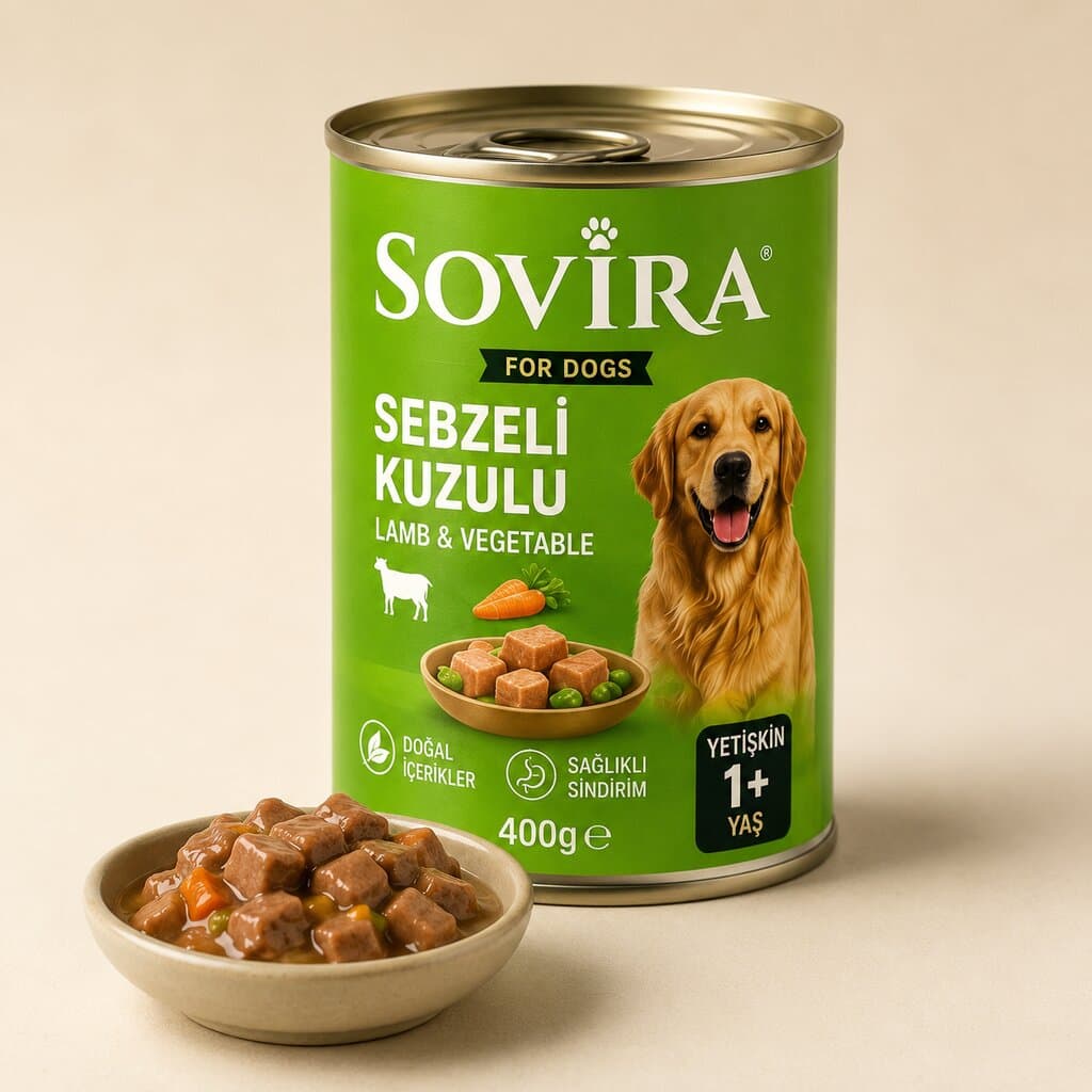 Sovira Yetişkin Köpek Konservesi – Sebzeli Kuzulu (400g)