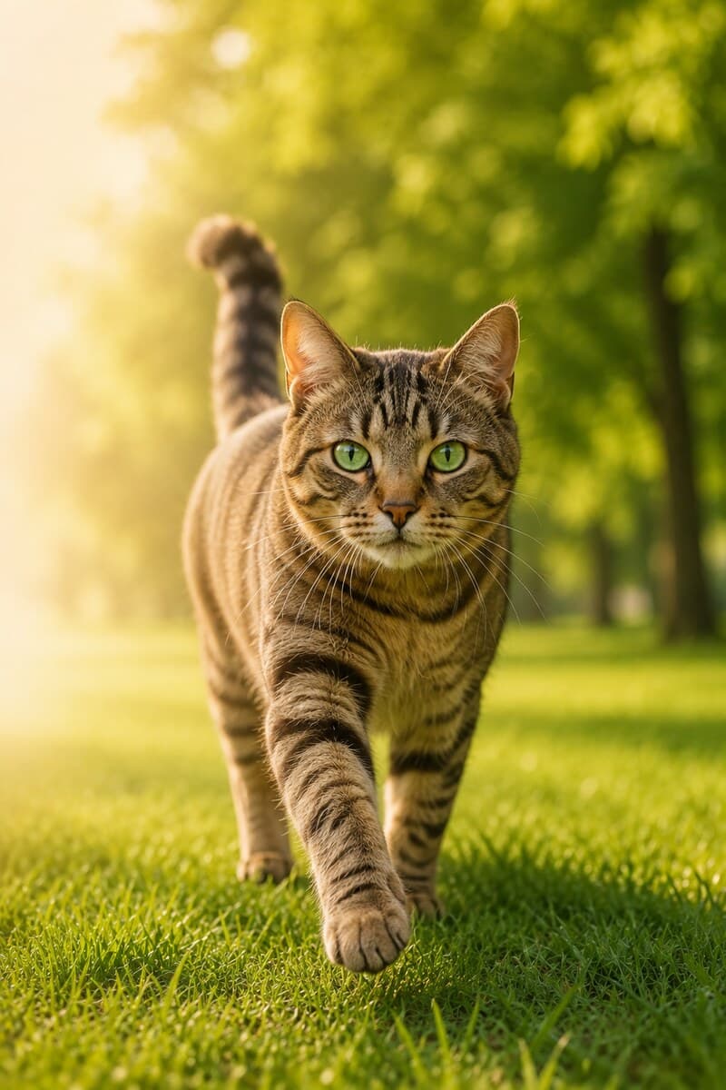 Çimlerde yürüyen tekir kedi