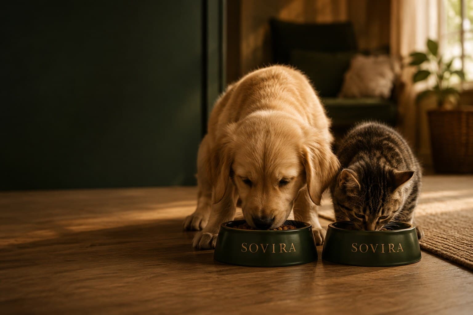 Sovira kaplarından yan yana beslenen yavru golden retriever ve yavru tekir kedi