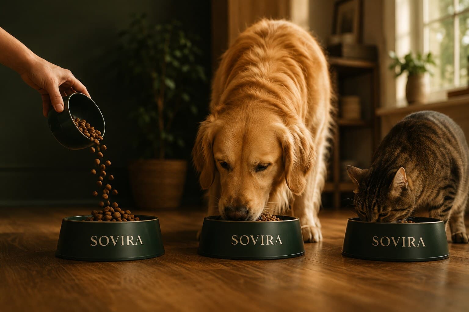 Sovira mama kaplarından beslenen golden retriever ve tekir kedi