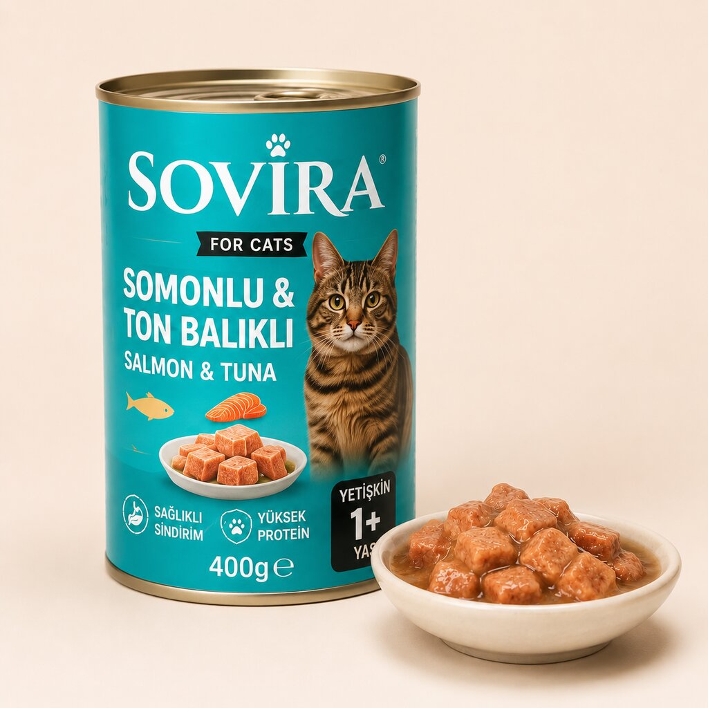 Sovira Yetişkin Kedi Konservesi – Somonlu & Ton Balıklı (400g)