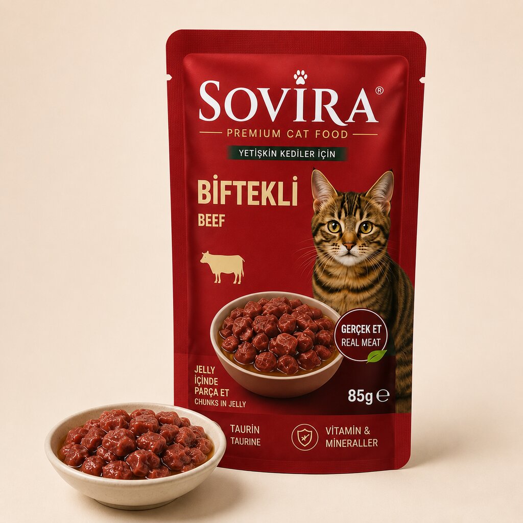 Sovira Yetişkin Kedi Poşet Mama – Biftekli (85g)