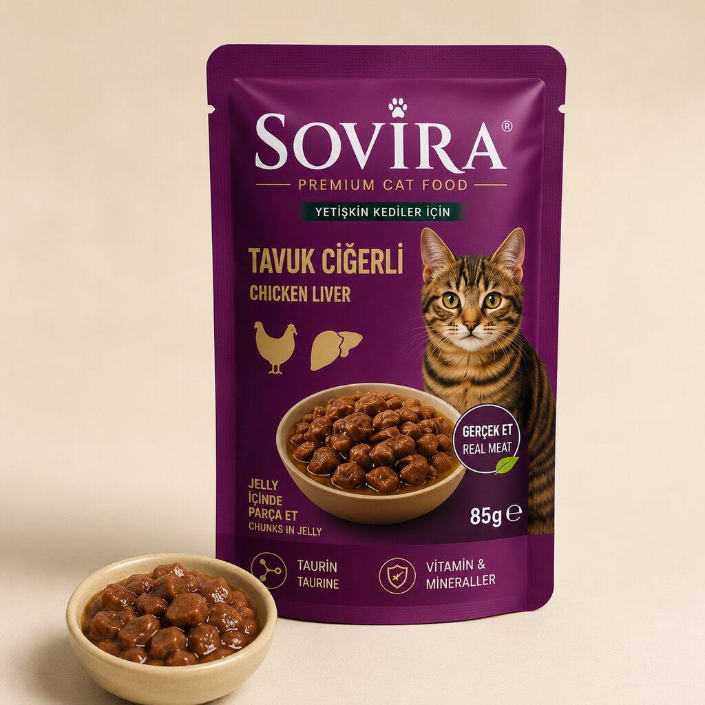 Sovira Yetişkin Kedi Poşet Mama – Tavuk Ciğerli (85g)
