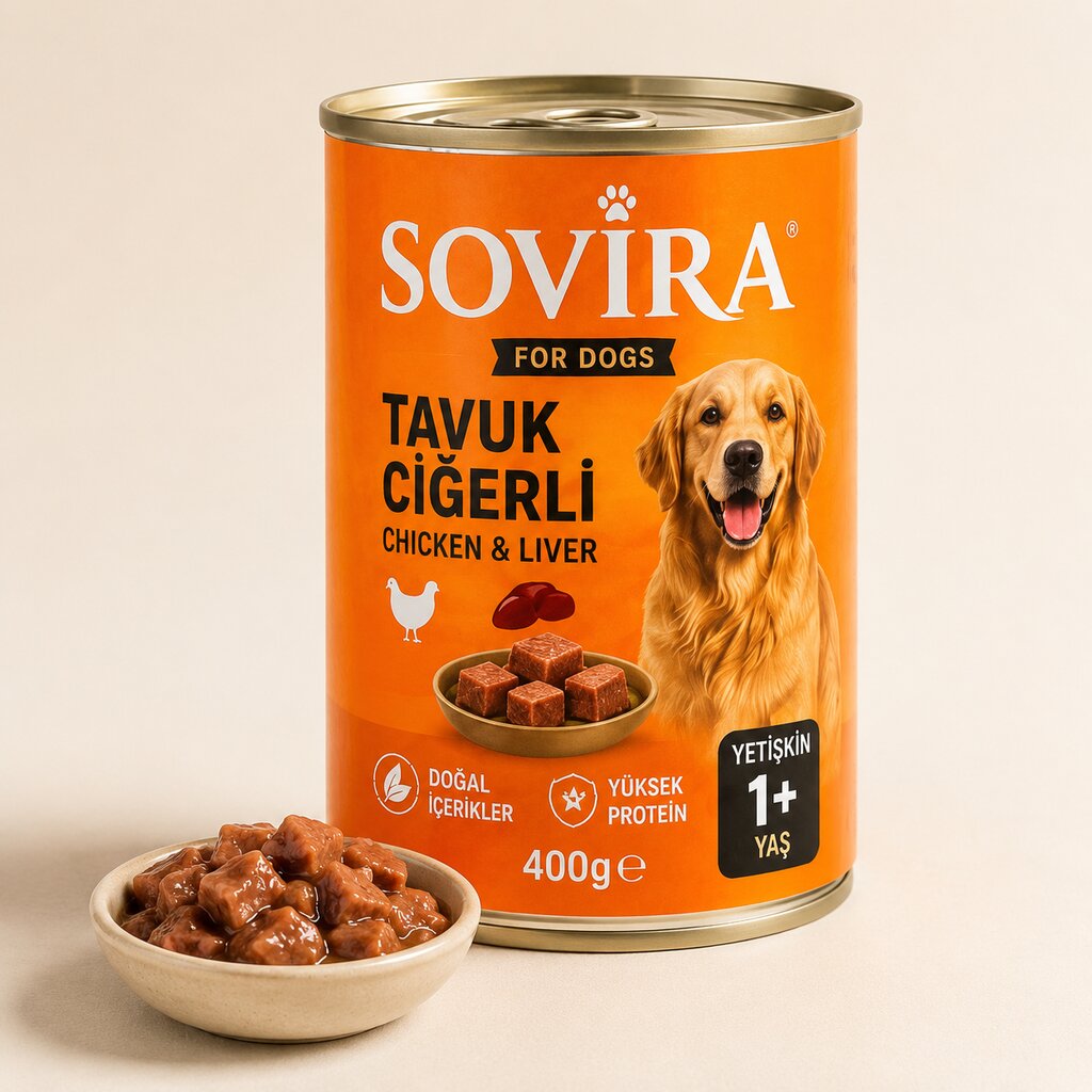 Sovira Yetişkin Köpek Konservesi – Tavuk Ciğerli (400g)